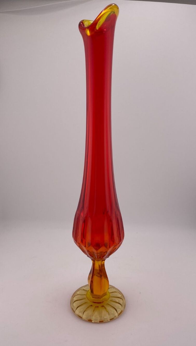 Swung Glass Vase Amberia Ribbed Orange Yellow 12" Tall Vintage Mid Century